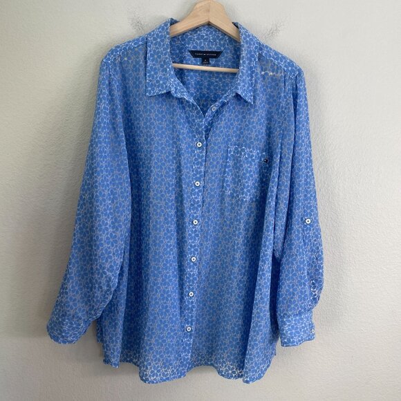 Tommy Hilfiger Womens Plus IX Blue Button Up Sheer Shirt Long Sleeve Blouse Top - Picture 7 of 12